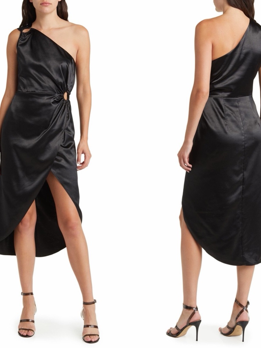 French Connection Black One-Shoulder Satin Midi Dress With Ring Accent